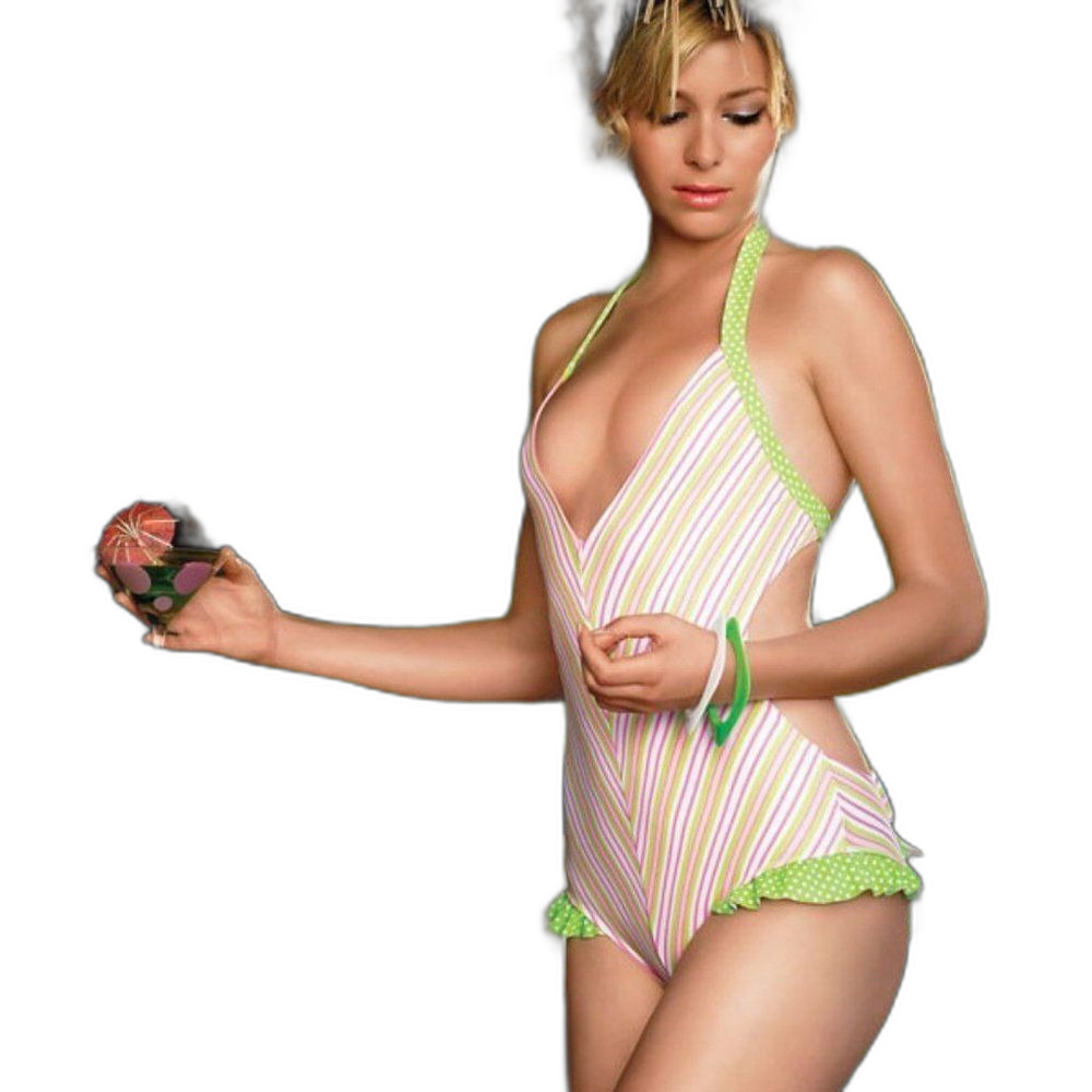 Skinny Dip Leg Avenue Striped Halter One Piece Swimsuit Size M NWT Y2K Barbie